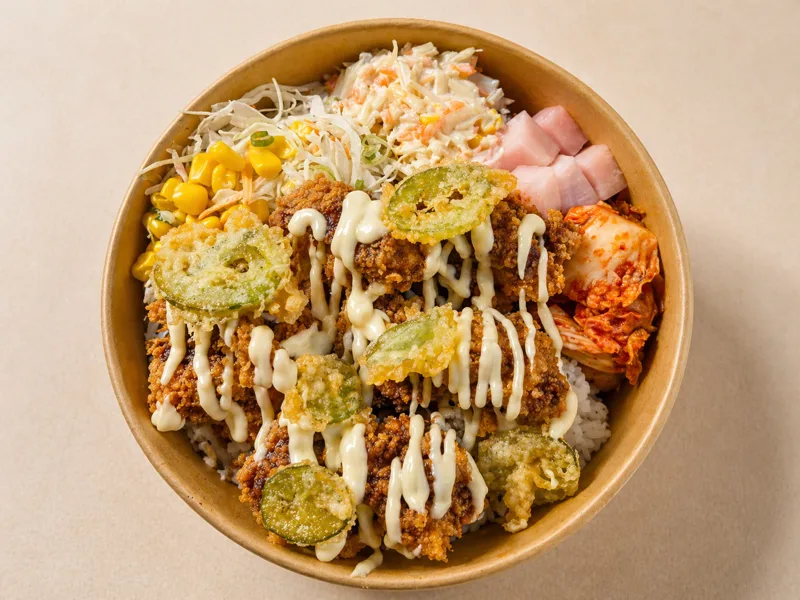 (Fried) Jalapeño Chicken Bowl: lightly soy-glazed, topped with jalapeño mayo & crunch