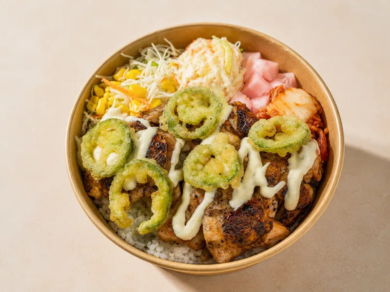 (Grilled) Jalapeño Chicken Bowl: lightly soy-glazed, topped with jalapeño mayo & crunch
