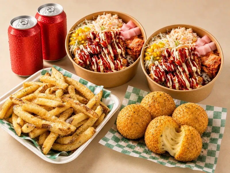 Bop For Two — Both Fried: two Chicken Bowls, Honey Butter Fries, Cheese Balls and two Pops. For two. Grilled +$1 per bowl