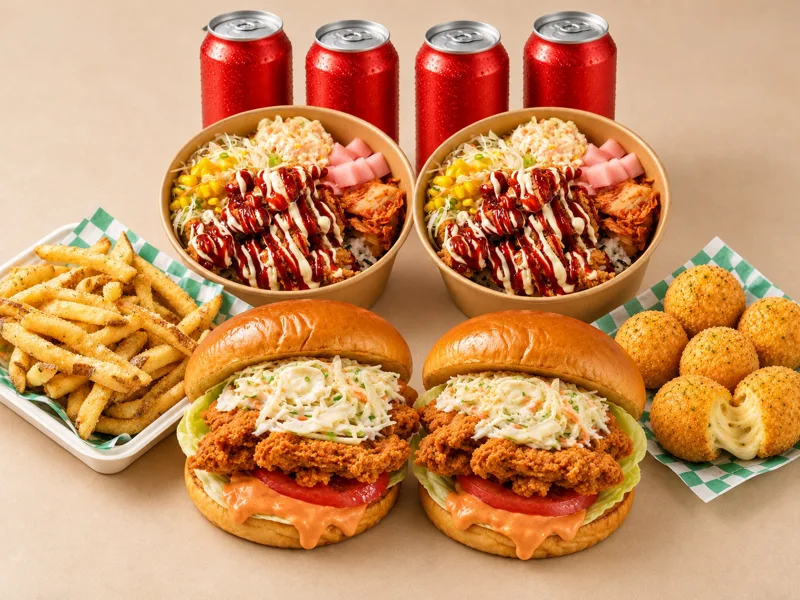Family Bop Box — Both Bowls Fried: two Chicken Bowls, two Chicken Sandwiches, Chicken Poppers, Honey Butter Fries and four Pops. Feeds 3–4. Grilled +$1 per bowl