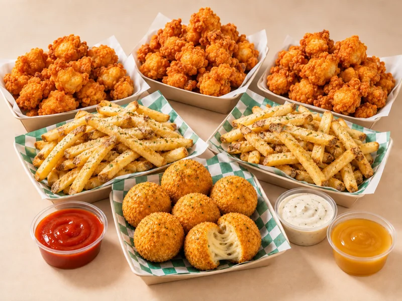 Game Night Box: three Chicken Poppers, two Honey Butter Fries, Cheese Balls and three sauces